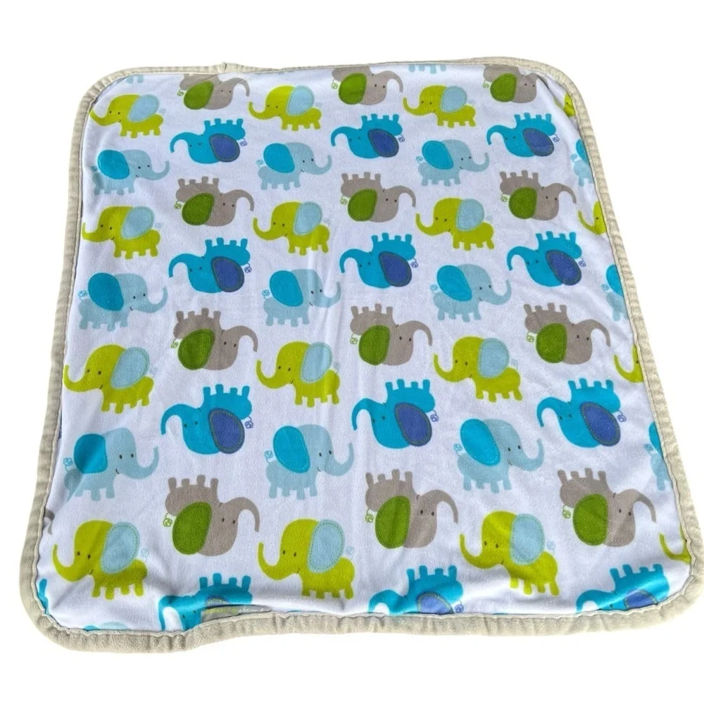 Blankets & Beyond Elephants Plush Double-Sided Baby Blanket Green Blue 27x31 HTF